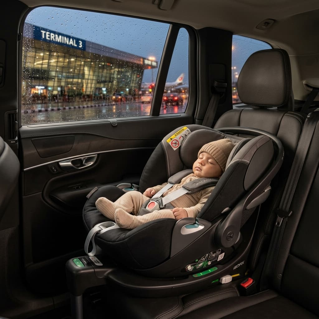 A baby car seat installed in a taxi outside Delhi airport terminal