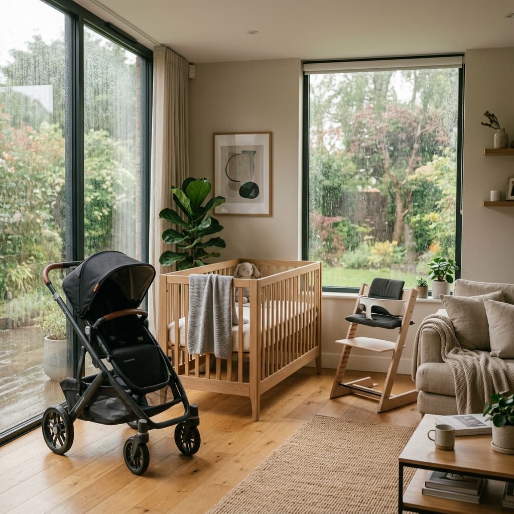 Clean, sanitized baby gear including stroller, crib, and high chair in a cozy living room during monsoon rain