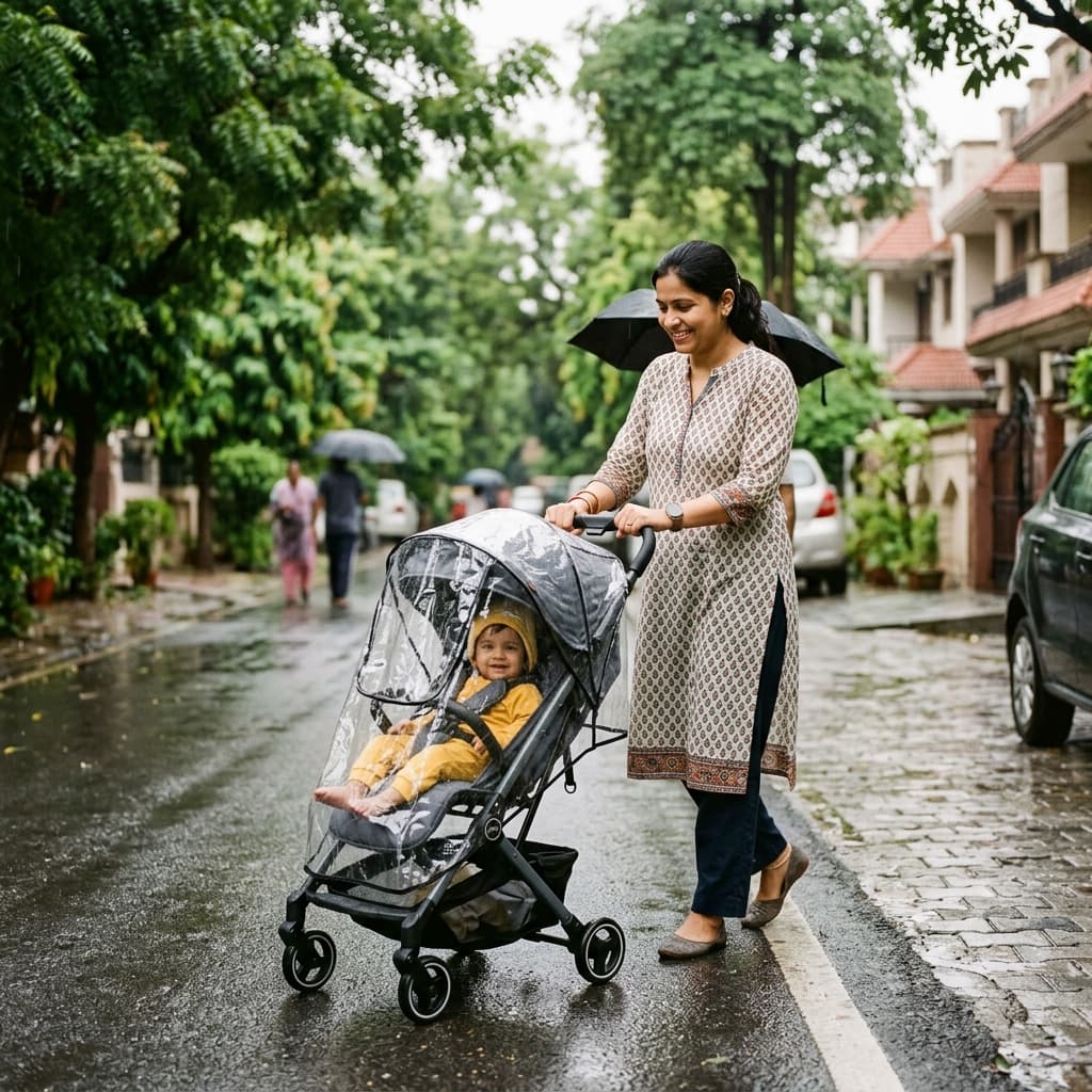A parent pushing a compact stroller with a rain cover on a damp Delhi street