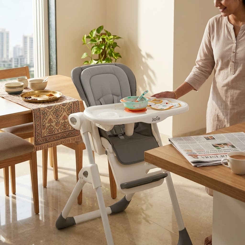 A baby sitting in a clean high chair eating solid food during the rainy season