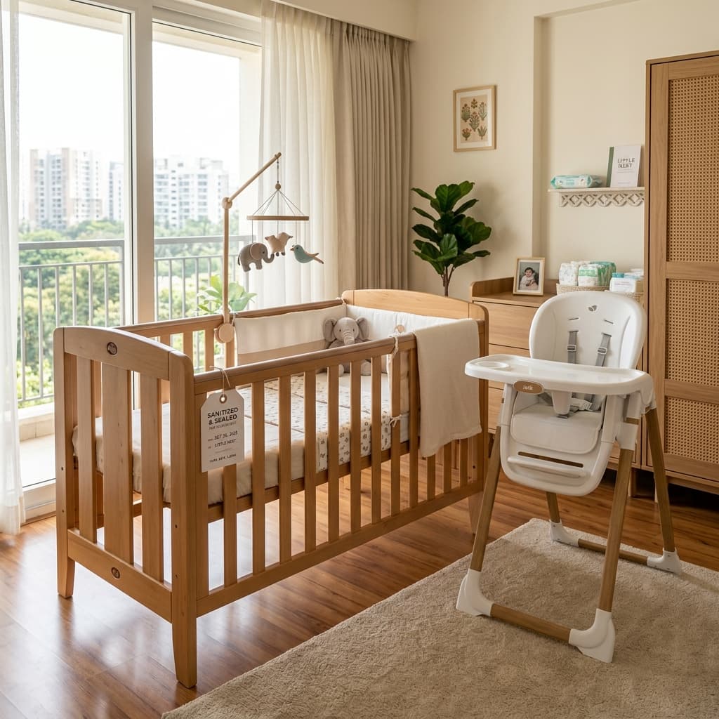 A clean, shrink-wrapped baby cot delivered to a modern home