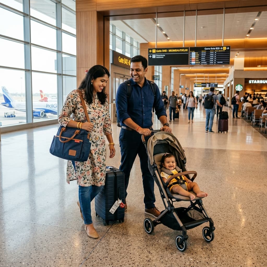 Cheerful Indian family at airport with stroller and diaper bag